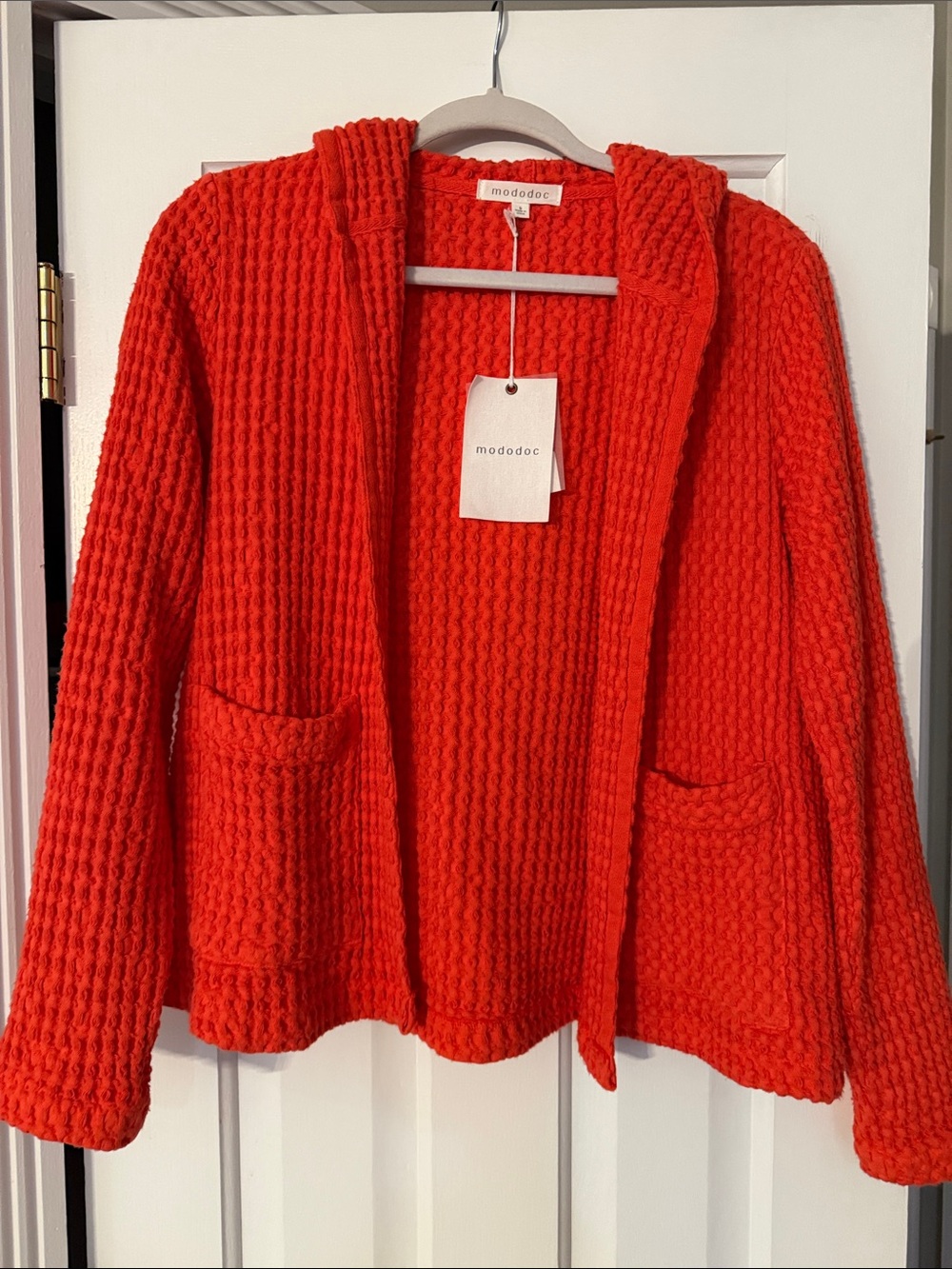 mododoc Women's Hooded Open-Front Chunky Cardigan in Bright Red